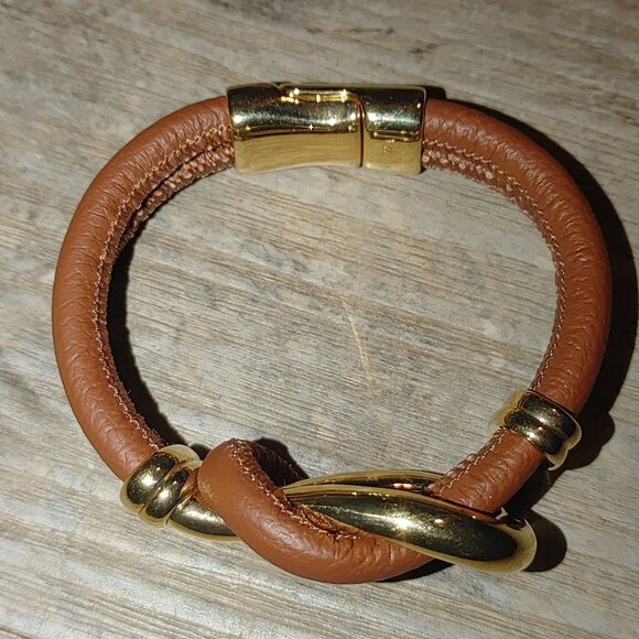 Bracelet Bellezza Italy Knot Brown Leather Gold Tone Magnetic Closure Stamped - Picture 10 of 11